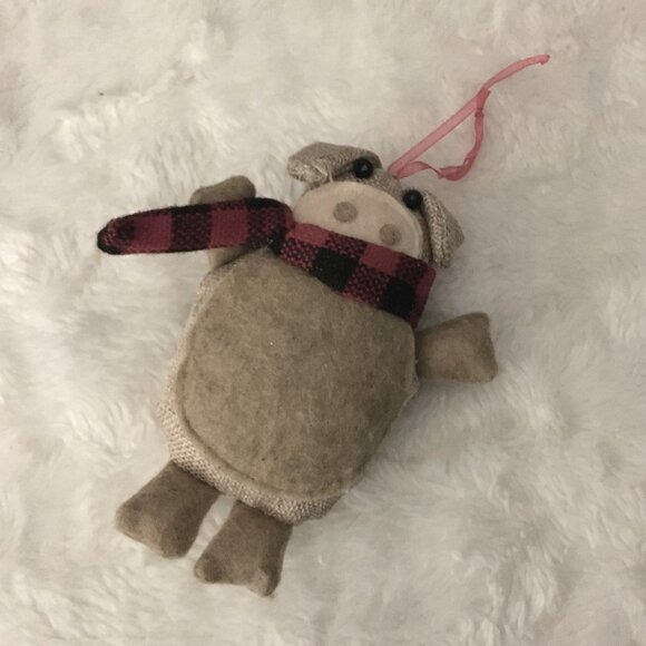 Handmade Felted Wool And Burlap Pig Christmas Ornament - Picture 2 of 7